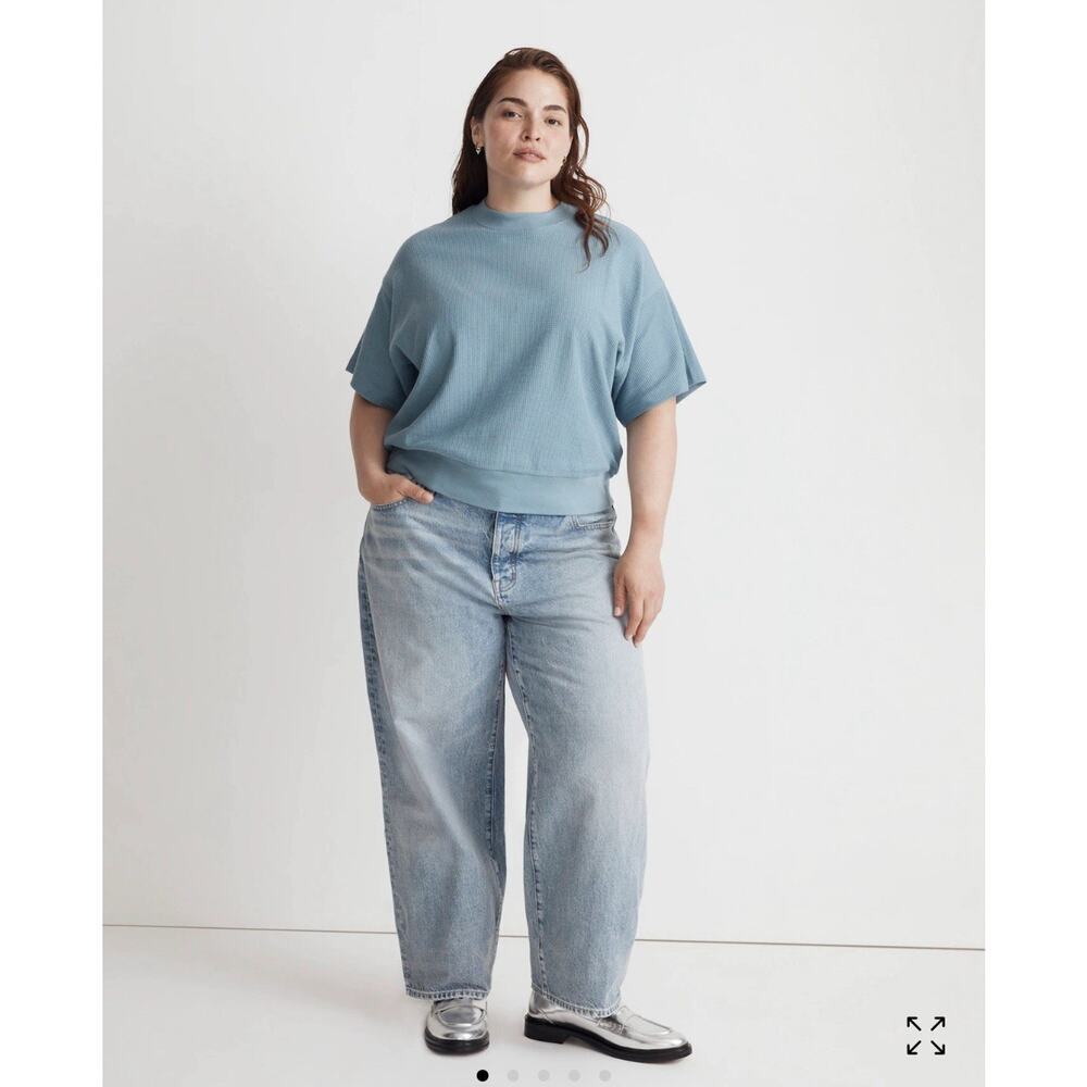 Madewell Blue Waffle Mock Neck Cropped Tee Sz M Oversized